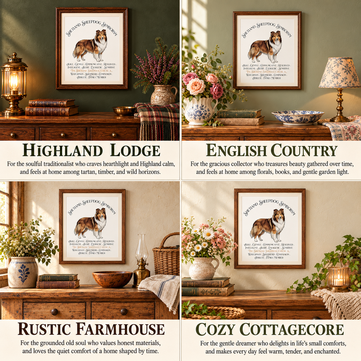A four-panel collage showing the Shetland Sheepdog Symbolism art print styled in different home interiors: Highland Lodge, English Country, Rustic Farmhouse, and Cozy Cottagecore.