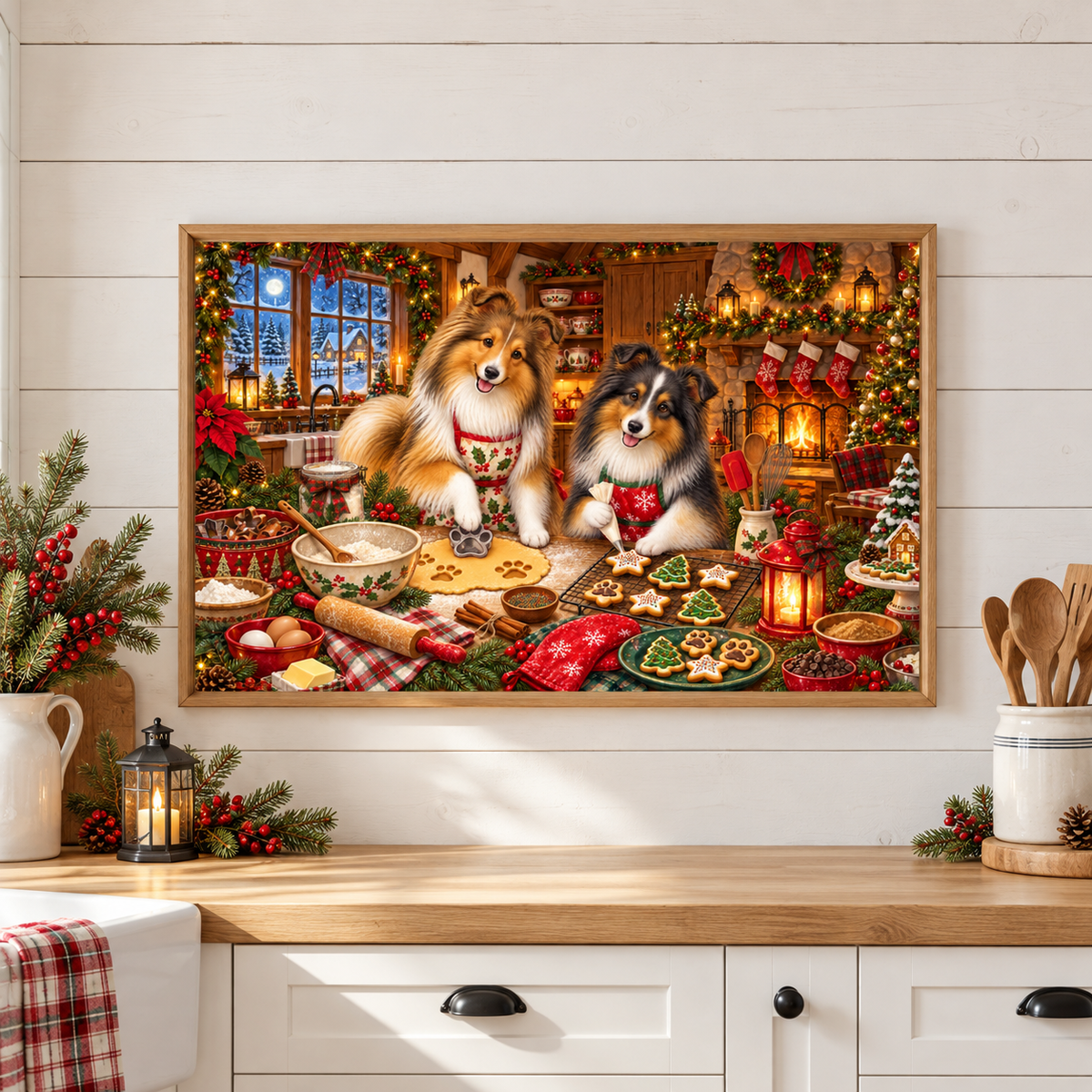 A framed Christmas-themed canvas print featuring two Shelties baking cookies in a cozy holiday kitchen, displayed on a white shiplap wall above a wooden counter with kitchen decor, a lantern, a plaid hand towel, and Christmas greenery accents.