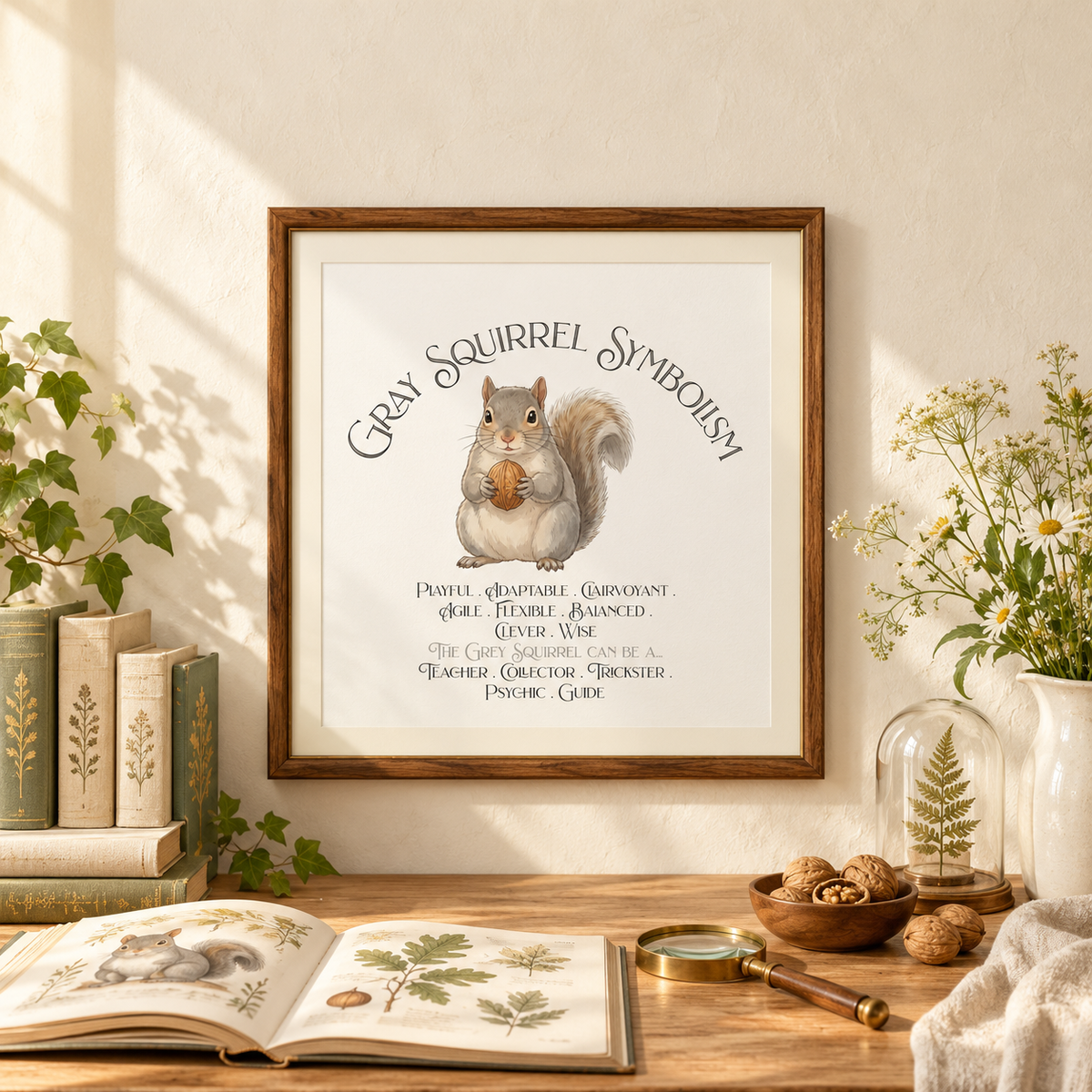 A framed art print featuring a whimsical illustration of a gray squirrel titled Gray Squirrel Symbolism, with decorative text and vintage-style botanical artwork, displayed on a wooden table in a styled room setting with books, flowers, and a magnifying glass.
