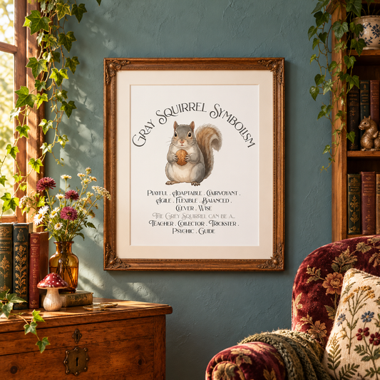 A framed art print featuring a squirrel illustration and the text 'Gray Squirrel Symbolism' hanging on a blue wall in a cozy room setting with books, plants, and a floral armchair.