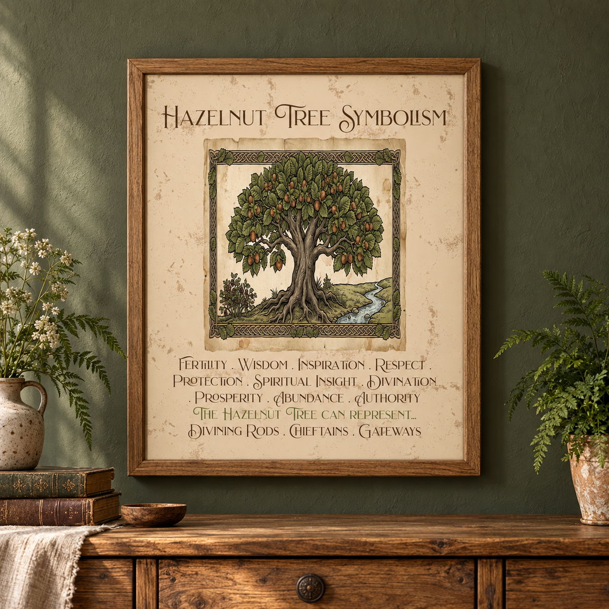 A framed art print titled 'Hazelnut Tree Symbolism' featuring an illustration of a hazelnut tree and a list of symbolic qualities, displayed on a dark green wall above a rustic wooden table with decorative plants and books.