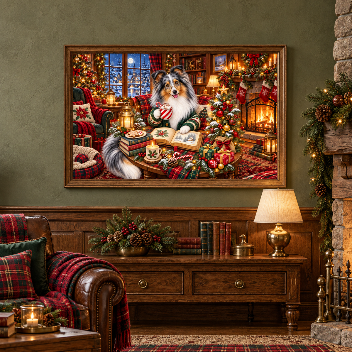 A large framed Christmas-themed canvas print hangs on a dark olive green wall above a wooden console table with a bowl of holiday greenery, books, and a lamp in a cozy living room with a leather chair festooned with plaid blankets a two pillows and hearth.