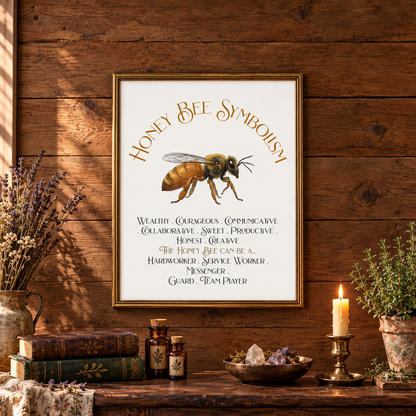 A framed honey bee symbolism art print is displayed on a wood wall above a rustic wooden shelf with a vase of flowers, books, glass jars, a bowl of crystals, a candle, and a potted plant.