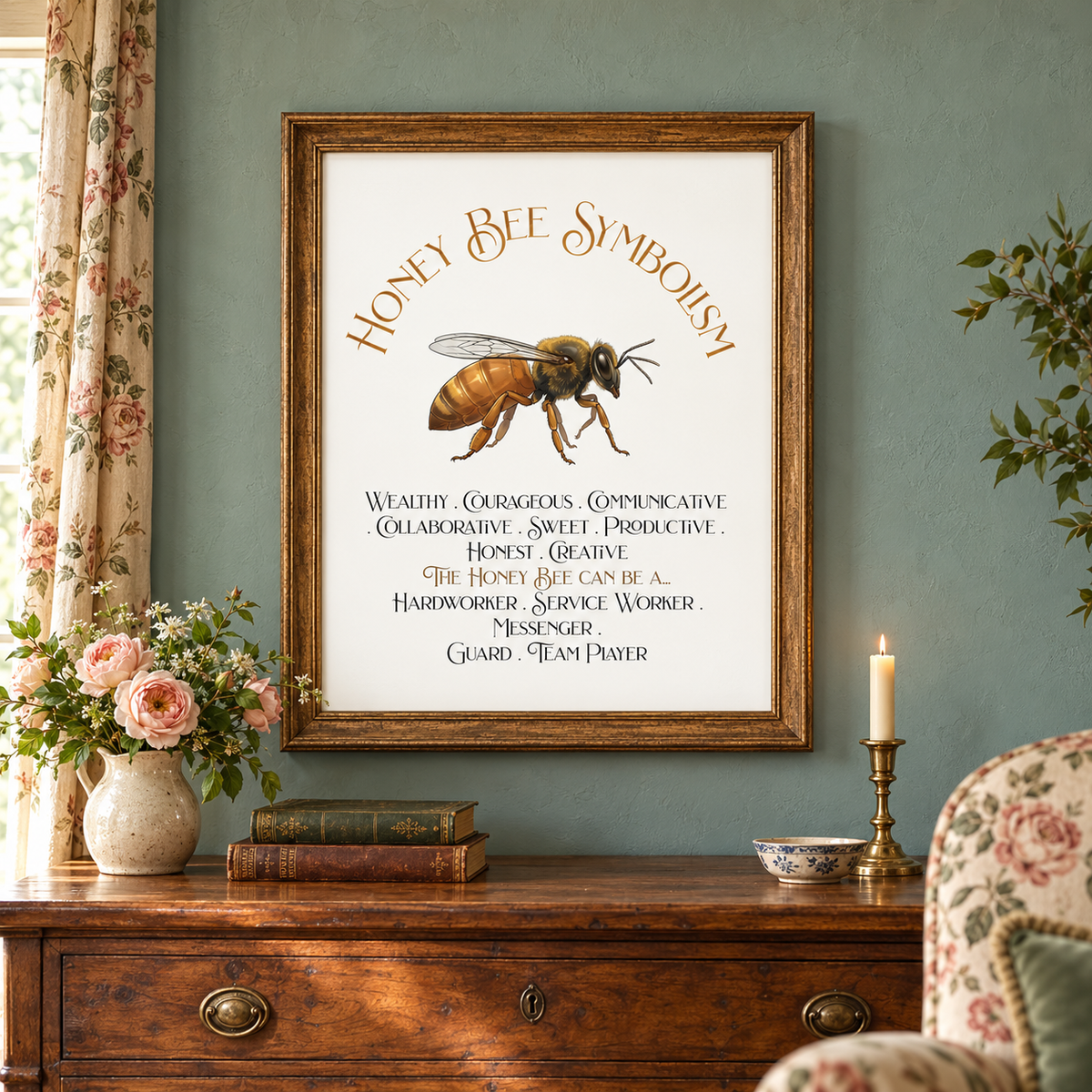 A framed art print featuring a honey bee and the text 'Honey Bee Symbolism' is displayed on a wall above a wooden console table in a decorated room with flowers, books, and a candle with a nearby cozy chair.