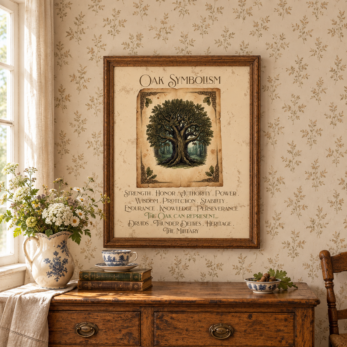 A framed vintage-style art print titled 'Oak Symbolism' hangs on a leafy wallpapered wall above a wooden cabinet with a pitcher of flowers, books, a tea cup, and a bowl of acorns.
