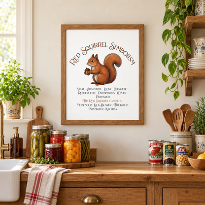 A framed art print featuring a squirrel illustration and the text 'Red Squirrel Symbolism' displayed on a kitchen wall above a wooden counter with jars, canned goods, plants, and kitchen items.
