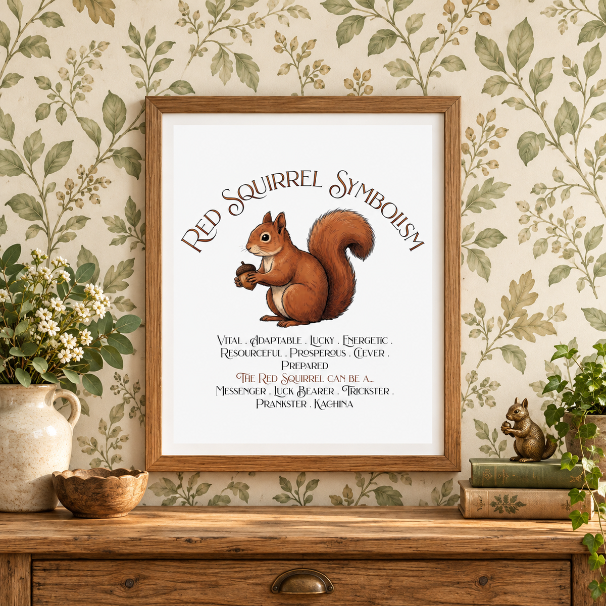 A framed art print titled 'Red Squirrel Symbolism' featuring an illustration of a red squirrel on a white background, hanging on a green and beige floral wallpaper above a wooden console table with books, a potted plant, a wooden bowl, an animal figurine, and a pitcher of flowers.