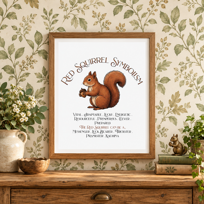 A framed art print titled 'Red Squirrel Symbolism' featuring an illustration of a red squirrel on a white background, hanging on a green and beige floral wallpaper above a wooden console table with books, a potted plant, a wooden bowl, an animal figurine, and a pitcher of flowers.