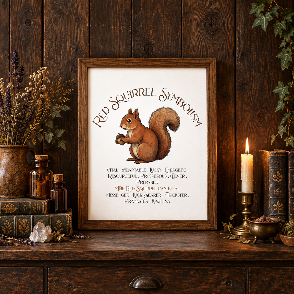 A framed art print featuring a squirrel illustration and the text 'Red Squirrel Symbolism' displayed on a rustic wooden table, surrounded by candles, books, crystals, and dried plants.