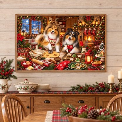 A framed holiday art print depicting two shelties baking and decorating cookies in a cozy Christmas kitchen scene, displayed on a light wood-paneled wall above a decorated wooden cabinet with holly-themed crockery, candles, and holiday greenery. A table with a plaid runner and holiday greenery sits in front.