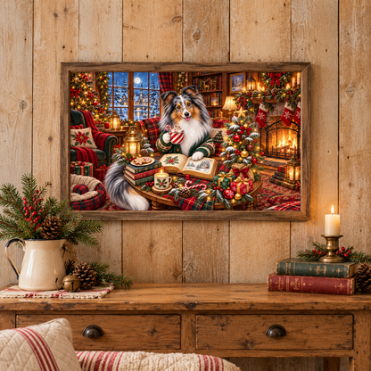 A framed Christmas-themed art print depicting a sheltie in a cozy living room with a fireplace, ornaments, and holiday decorations, displayed on a rustic oak wall above a weathered wooden console table with a pitcher of holiday greenery, a sleigh bell, a glowing candle, and a stack of books. Sofa with a white and red striped pillow and blanket sits nearby.