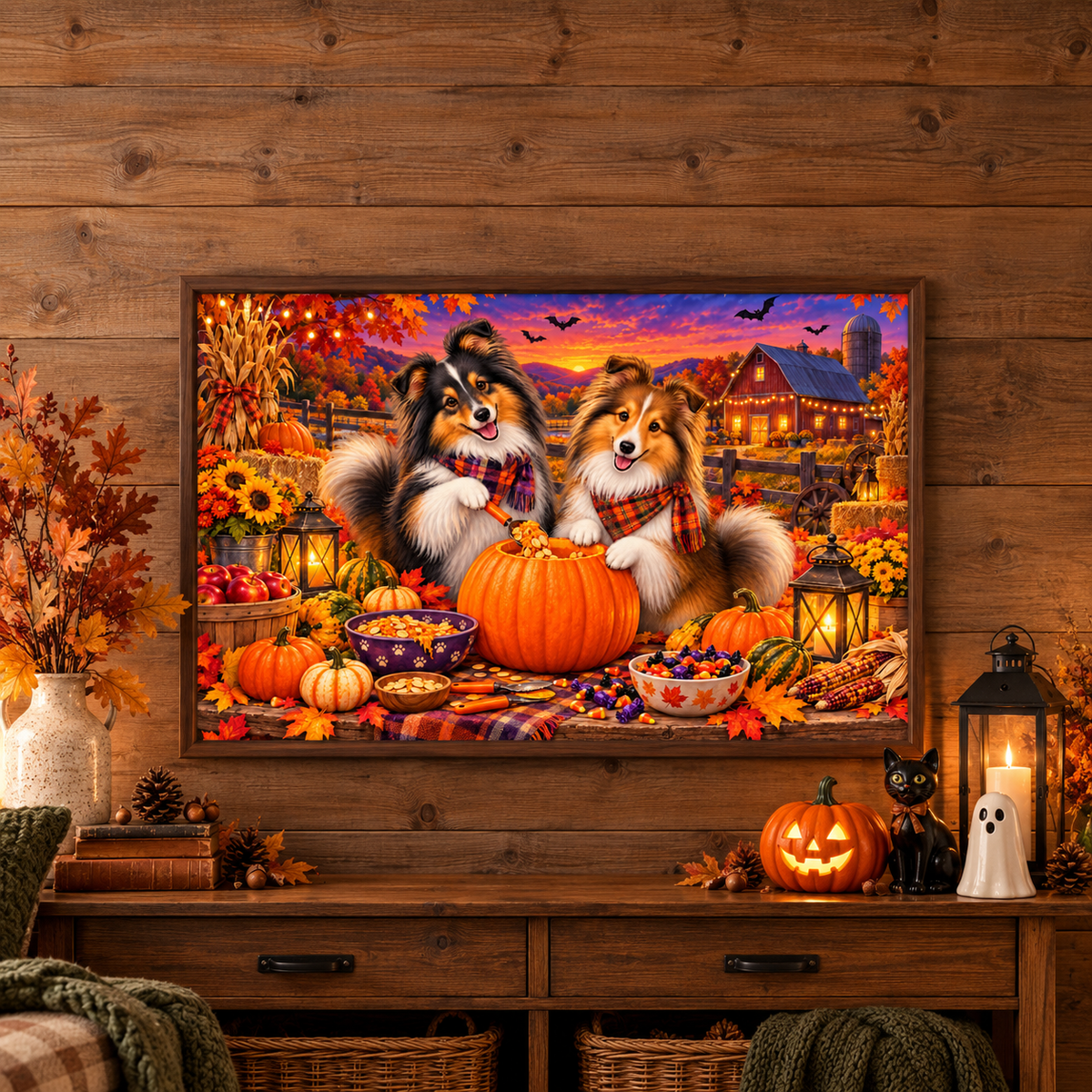 A framed Halloween-themed print featuring two shelties carving a pumpkin with a barn in the background, displayed on a rustic wooden wall above a decorated console table with a jack o' lantern, a ghost and cat figures, books, and vase full of fall leaves, and a lantern.