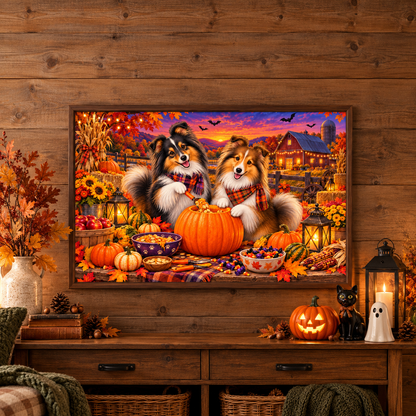 A framed Halloween-themed print featuring two shelties carving a pumpkin with a barn in the background, displayed on a rustic wooden wall above a decorated console table with a jack o' lantern, a ghost and cat figures, books, and vase full of fall leaves, and a lantern.