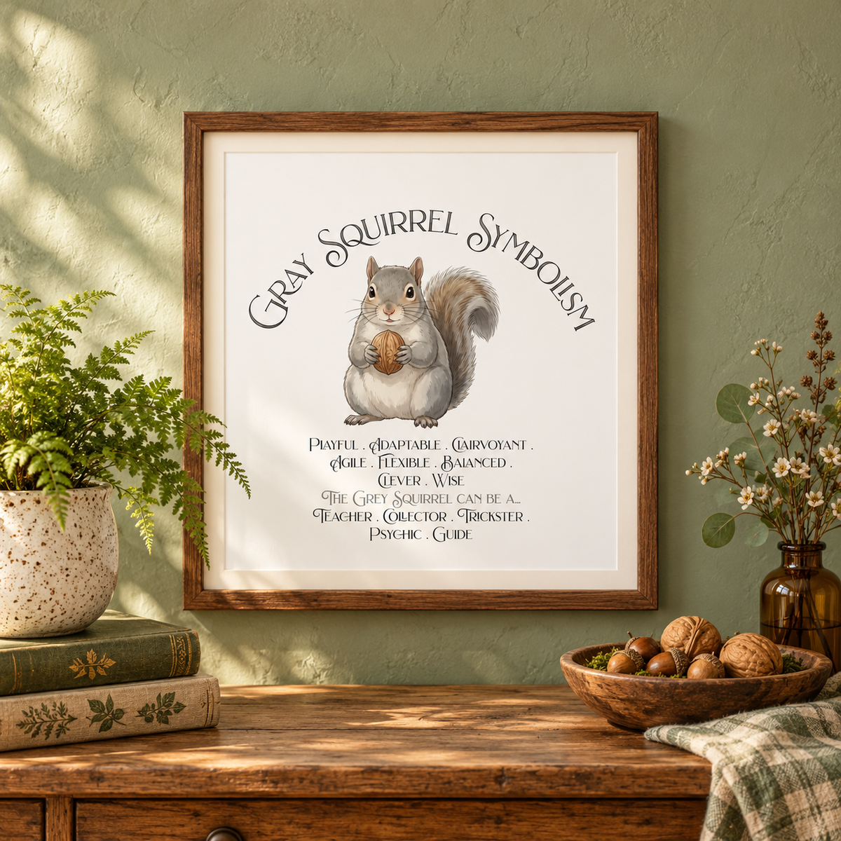 A framed art print featuring a squirrel holding a walnut with the text 'Gray Squirrel Symbolism' and additional descriptive text below, displayed on a textured sage green wall above a wooden console table with plants, books, and a bowl of nuts.