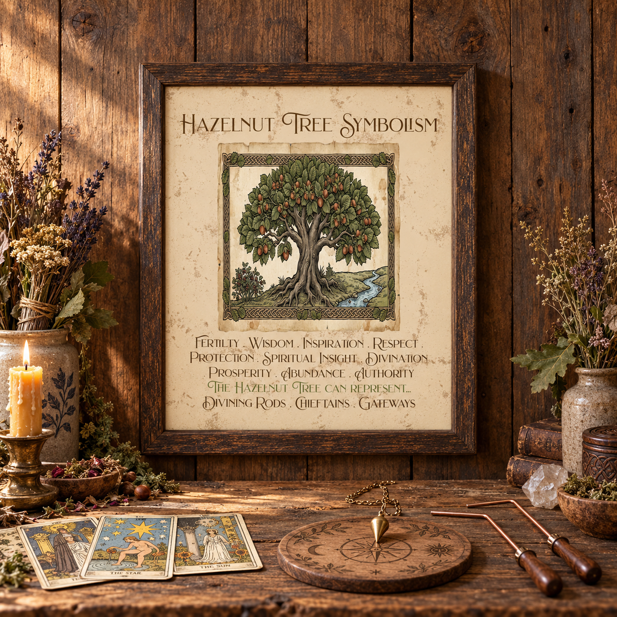 A framed art print titled 'Hazelnut Tree Symbolism' is displayed on a wooden wall above a rustic wooden table, surrounded by candles, dried flowers, tarot cards, crystals, a crystal, dowsing rods, a brass pendulum, and a compass carved on a wooden board.