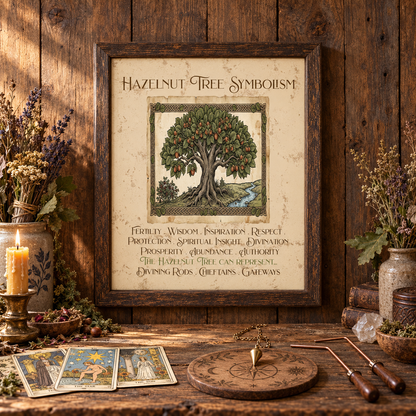 A framed art print titled 'Hazelnut Tree Symbolism' is displayed on a wooden wall above a rustic wooden table, surrounded by candles, dried flowers, tarot cards, crystals, a crystal, dowsing rods, a brass pendulum, and a compass carved on a wooden board.
