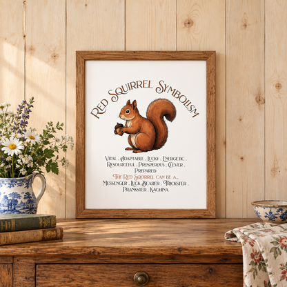 A framed art print featuring a squirrel illustration and the text 'Red Squirrel Symbolism' displayed on a rustic wooden table against a wood-paneled wall. Flowers in a pitcher, a floral-patterned cloth, a bowl, and books decorate the table.