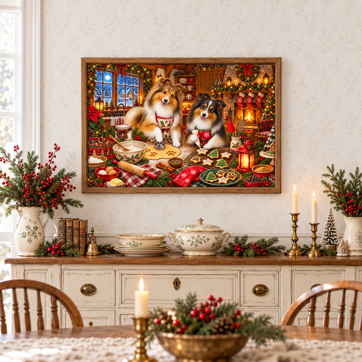 A large framed Christmas canvas print hangs on a light wallpapered wall above a decorated dining room credenza with green and white crockery, books, candles, little pine tree figurines, a brass bell, and holiday greenery. A table is in front with a white doily, a candle, and a bowl of pine branches, red berries, and pinecones.