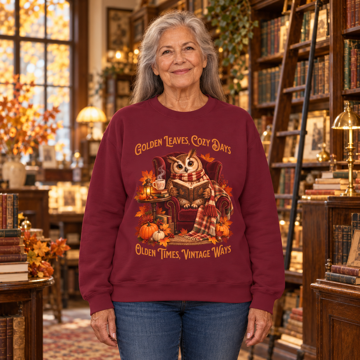 A woman stands in a cozy, warmly lit bookshop wearing a maroon crewneck sweatshirt with a fall-themed owl graphic and the text 'Golden Leaves, Cozy Days, Olden Times, Vintage Ways'.