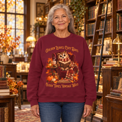 A woman stands in a cozy, warmly lit bookshop wearing a maroon crewneck sweatshirt with a fall-themed owl graphic and the text 'Golden Leaves, Cozy Days, Olden Times, Vintage Ways'.