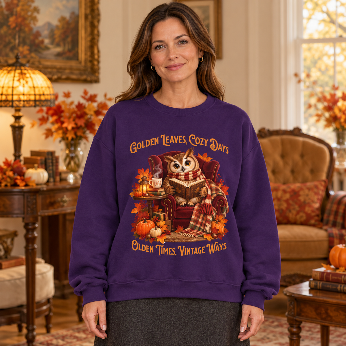 A woman wearing a purple crewneck sweatshirt with a cozy autumn owl graphic and the text 'Golden Leaves, Cozy Days' and 'Golden Times, Vintage Ways', posed in a warm, decorated living room.