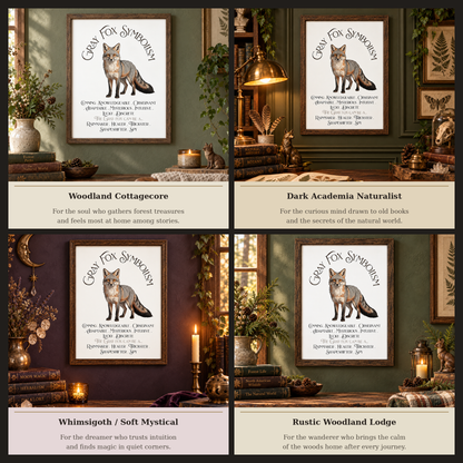 A four-panel collage showing framed art prints in different interior room settings. Each panel features a fox illustration with the text 'Gray Fox Symbolism' and descriptive labels for room styles: Woodland Cottagecore, Dark Academia Naturalist, Whimsigoth / Soft Mystical, and Rustic Woodland Lodge.