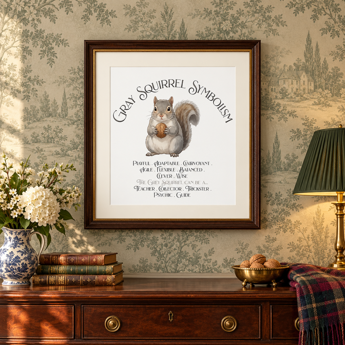A framed art print featuring a squirrel illustration and the text 'Gray Squirrel Symbolism' is displayed on a wall above a wooden dresser in a styled room setting with wallpaper, a lamp, books, a blanket, a bowl of walnuts, and a pitcher of flowers.
