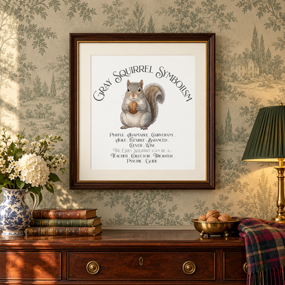 A framed art print featuring a squirrel illustration and the text 'Gray Squirrel Symbolism' is displayed on a wall above a wooden dresser in a styled room setting with wallpaper, a lamp, books, a blanket, a bowl of walnuts, and a pitcher of flowers.