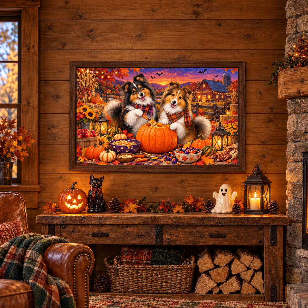 A framed Halloween-themed print features two shelties carving a pumpkin surrounded by pumpkins, candy, and other fall farm decorations, displayed on a rustic wooden wall above a console table with a jack o' lantern, a cat figurine, candles, a lantern, and a ghost figurine. Under the table is a basket of blankets and a stack of wood. There's a heath nearby. In front is a leather chair with a pillow and blanket.