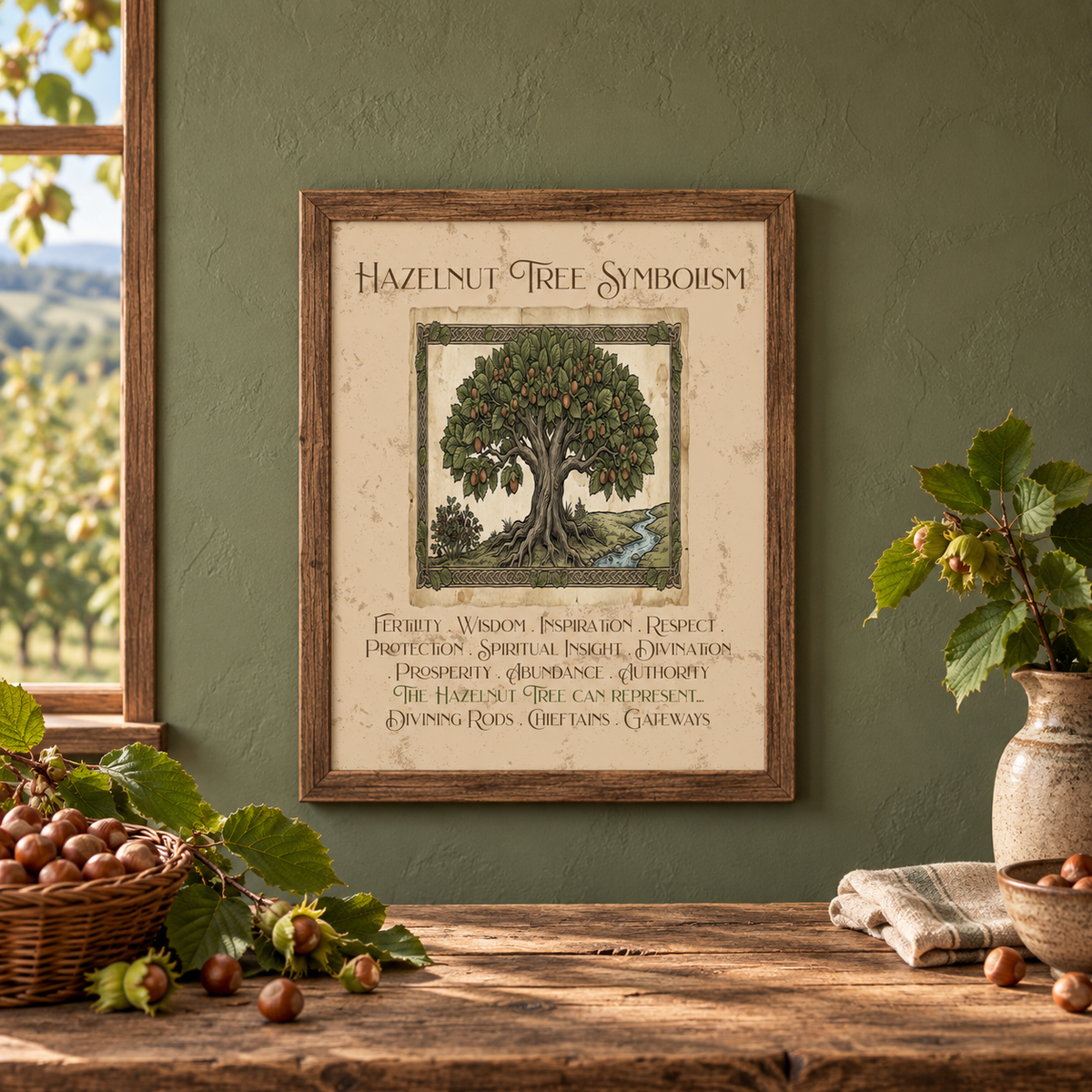 A framed art print titled 'Hazelnut Tree Symbolism' featuring an illustration of a tree and text, displayed on a textured olive green wall above a rustic wooden table with a basket and bowl of hazelnuts, a hand towel, and a vase of leaves.