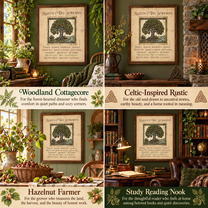 A four-panel collage showing framed 'Hazelnut Tree Symbolism' art prints styled in different cozy interior scenes: a woodland cottagecore setting, a Celtic-inspired rustic room, a hazelnut farmer kitchen, and a study reading nook.