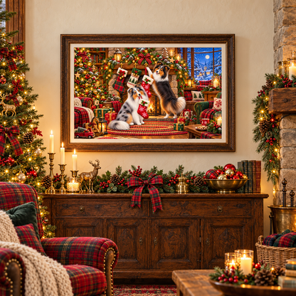 A large framed Christmas art print of shelties hanging up their stockings hangs on a wall above a wooden console in a decorated living room with red and green plaid chair and Christmas decorations. There is a Christmas tree, candles, and greenery with pinecones, lights and red berries.