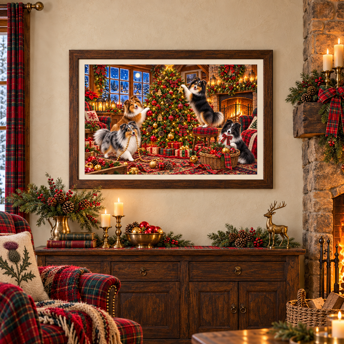 A framed Christmas-themed print featuring four shelties decorating a Christmas tree, displayed on a beige wall above a wooden console table in a cozy living room setting that is decorated with red plaid decor, candles, and holiday greenery.