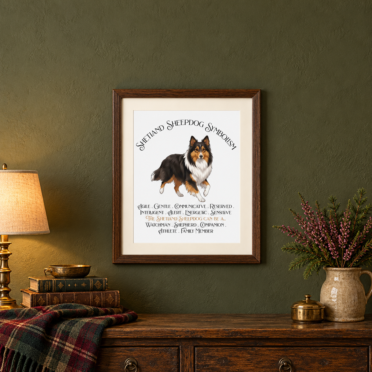 A framed print of a tricolor Sheltie titled 'Shetland Sheepdog Symbolism' hanging on a textured olive green wall above a wooden console table with books, a bowl, a plaid blanket, a brass box, and a pitcher full of heather and pine branches.