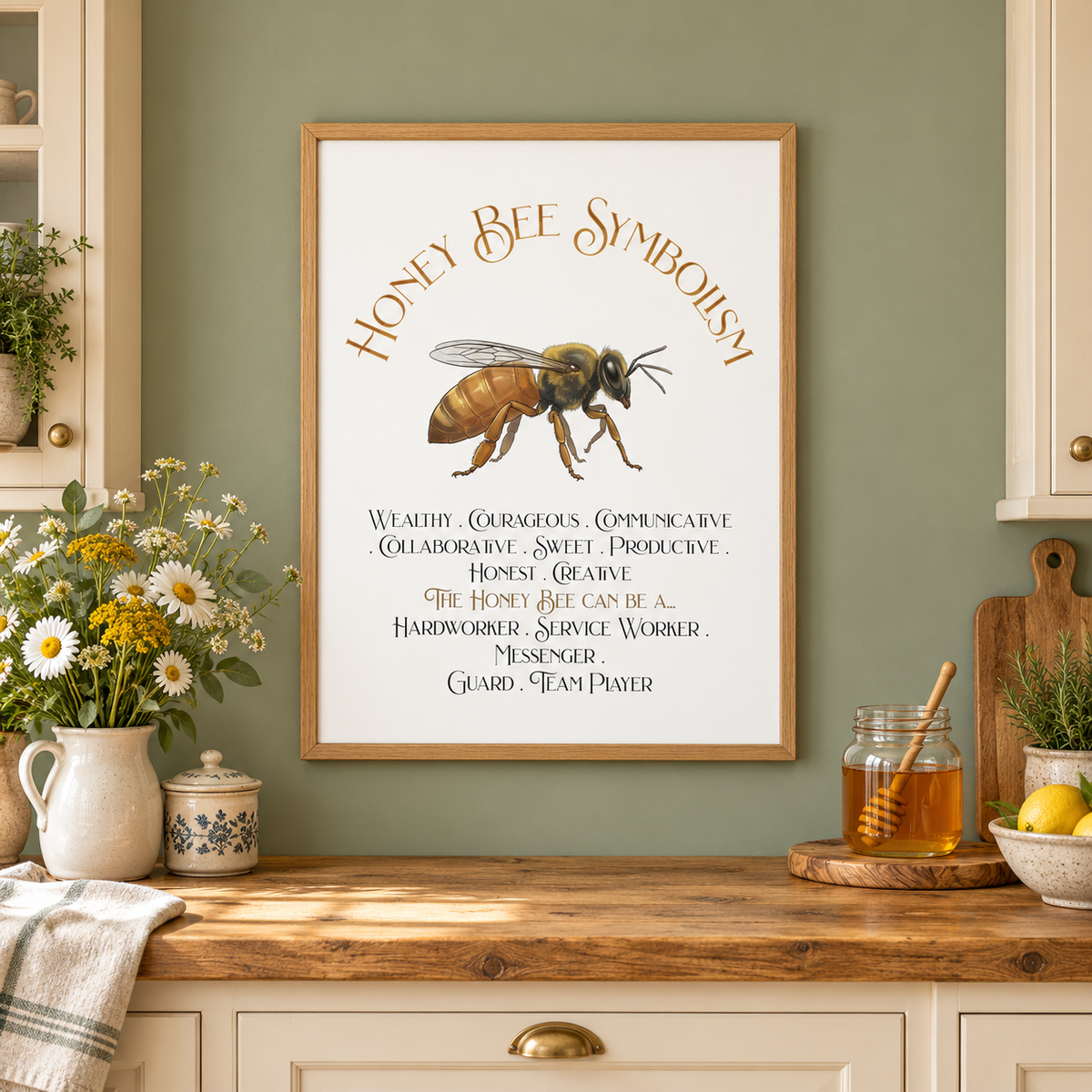 A framed honey bee symbolism art print hangs on a sage green kitchen wall above a wooden counter with a pitcher of flowers, a small pottery container, and a jar of honey.