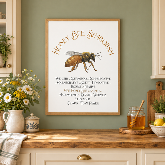 A framed honey bee symbolism art print hangs on a sage green kitchen wall above a wooden counter with a pitcher of flowers, a small pottery container, and a jar of honey.