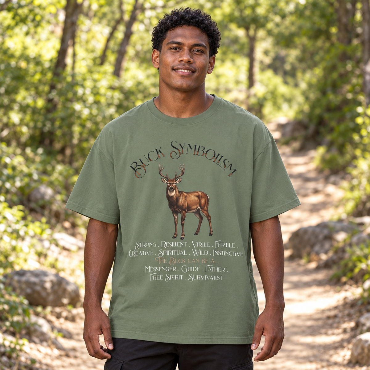 A man wearing an olive green graphic t-shirt with a deer illustration, the title, 'Buck Symbolism' and descriptive text, standing on a forest path.