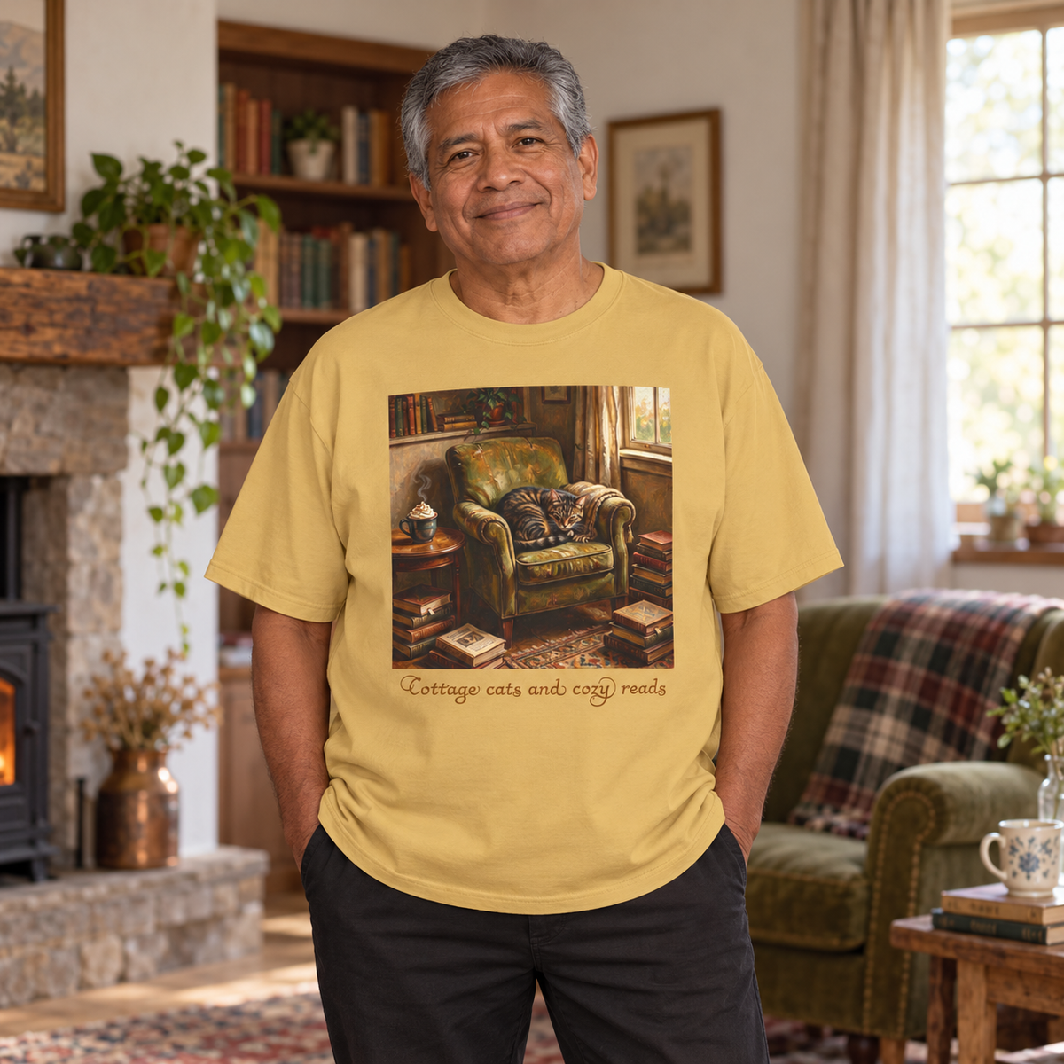 A smiling older man wearing a mustard yellow graphic t-shirt stands in a cozy, book-filled living room. The t-shirt features a printed illustration of a cat in a green armchair in a cottage library with the text 'Cottage cats and cozy reads'.