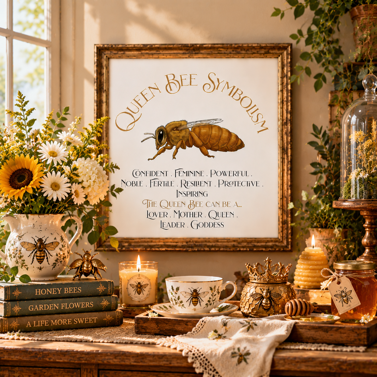 A framed art print featuring 'Queen Bee Symbolism' text and an illustration of a honeybee, styled above a rustic wooden table with candles, books, flowers, bee decorations, and a jar of honey in a warm, cozy room setting.