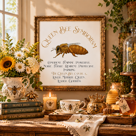 A framed art print featuring 'Queen Bee Symbolism' text and an illustration of a honeybee, styled above a rustic wooden table with candles, books, flowers, bee decorations, and a jar of honey in a warm, cozy room setting.