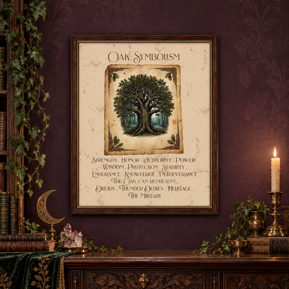 A framed art print titled 'Oak Symbolism' featuring a detailed illustration of an oak tree and a list of symbolic qualities, displayed on a dark purple wall above a wooden console table with candles, a green velvet table cloth with gold leaves, potted plants, books and crystals.