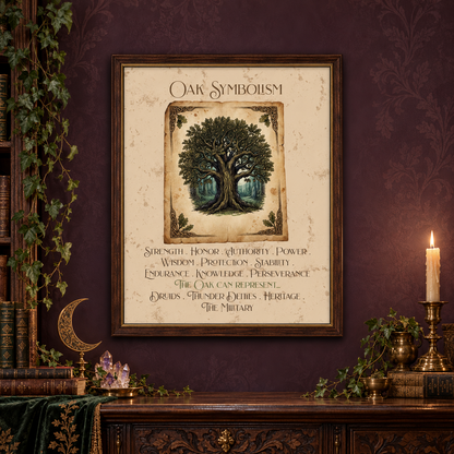 A framed art print titled 'Oak Symbolism' featuring a detailed illustration of an oak tree and a list of symbolic qualities, displayed on a dark purple wall above a wooden console table with candles, a green velvet table cloth with gold leaves, potted plants, books and crystals.