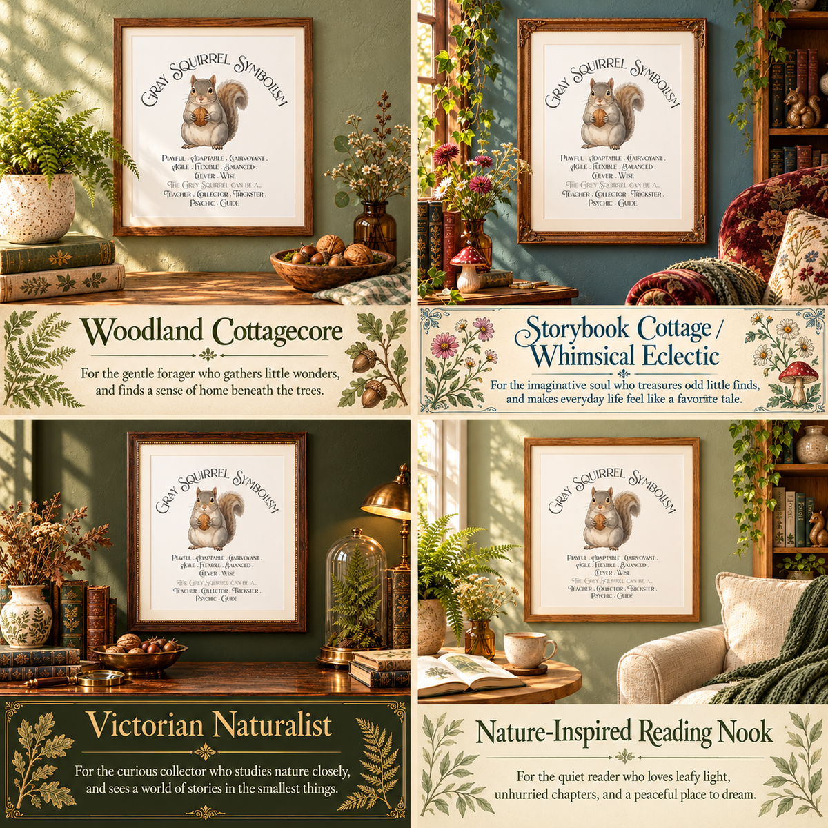 A 2x2 collage showing four framed Gray Squirrel Symbolism prints in different interior settings labeled 'Woodland Cottagecore,' 'Storybook Cottage / Whimsical Eclectic,' 'Victorian Naturalist,' and 'Nature-Inspired Reading Nook.