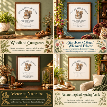 A 2x2 collage showing four framed Gray Squirrel Symbolism prints in different interior settings labeled 'Woodland Cottagecore,' 'Storybook Cottage / Whimsical Eclectic,' 'Victorian Naturalist,' and 'Nature-Inspired Reading Nook.