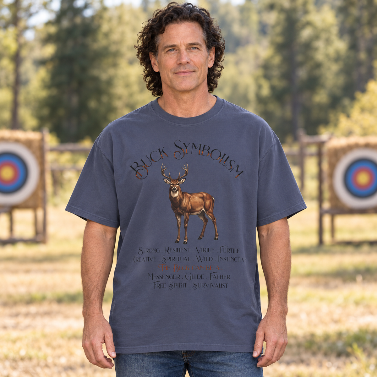 A man wearing a slate blue graphic t-shirt with a deer design and the title Buck Symbolism with the meanings below. The man stands outdoors in front of blurred target stands.