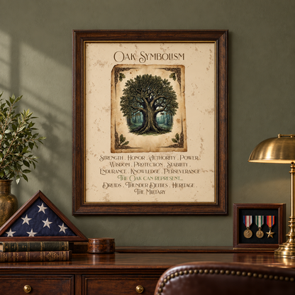 A framed vintage-style print titled 'Oak Symbolism' hangs on a muted green wall above a wooden desk with books, a small circular wooden box, a lamp, a veteran memorial flag, and medals.
