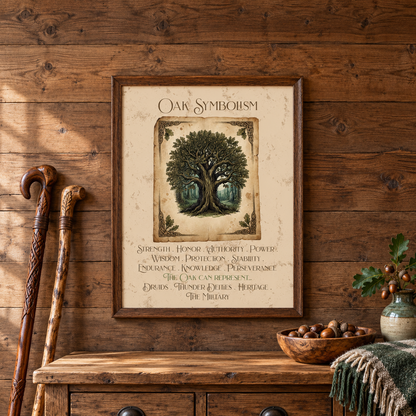 A framed art print titled 'Oak Symbolism' featuring a detailed illustration of an oak tree and text below, displayed on a rustic wooden wall above a wooden cabinet with a bowl of acorns, a green and white blanket, and a jar with an oak sprig. Next to the table are two sturdy wooden walking sticks.