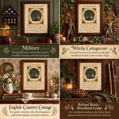 A four-panel collage showing framed 'Oak Symbolism' artwork styled in different interior settings. The panels include a military room with medals and flags, a witchy cottagecore room with statues and candles, an English Country Cottage room with flowers and teacups, and a Refined Rustic Woodland Lodge room with a lantern and walking sticks.