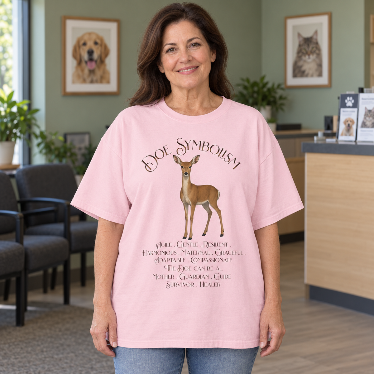 A woman wearing a light pink graphic t-shirt with a deer illustration and the text 'Doe Symbolism' in a veterinary office setting.