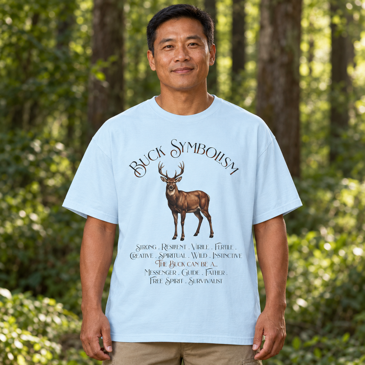 A man wearing a light blue graphic t-shirt with a deer illustration and the text 'BUCK SYMBOLISM' stands in front of a blurred forest background.